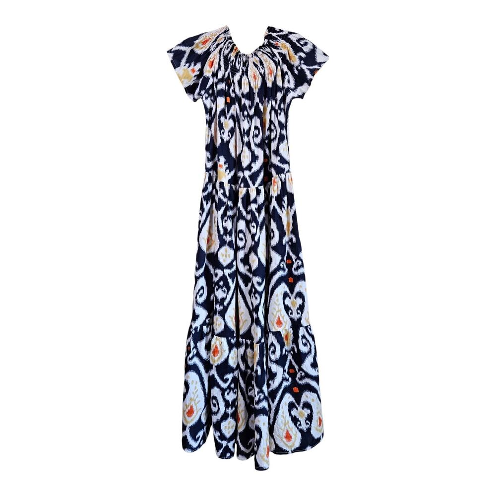 MER ST BART Women's 10 12 Geneviere Maxi Dress Ikat Pattern Tiered Smocked Neck - Picture 7 of 7